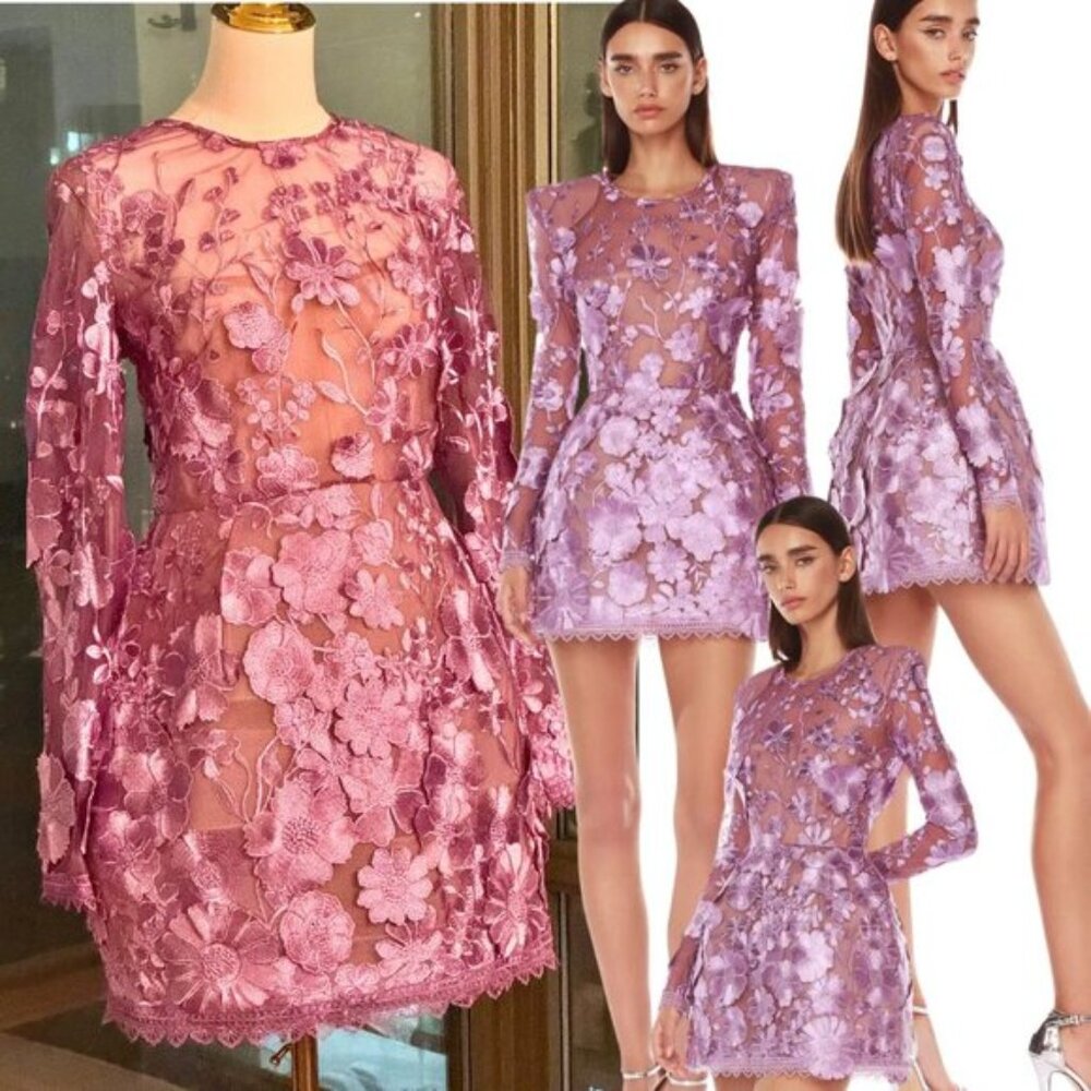 🆕 BRONX & BANCO 🧿 NWOT Bouquet Maraya Long Sleeve Mini Dress, Lilac Sz M US 6 - Picture 1 of 16